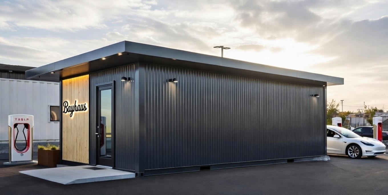 A BayHaus unit co-located at a Tesla Supercharger station at golden hour, its wood-panel entry lit and a Tesla charging alongside.